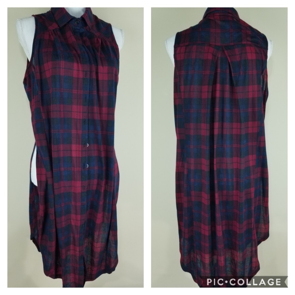 Paper Tee Plaid Red Blue Split Sides Tunic 1X
